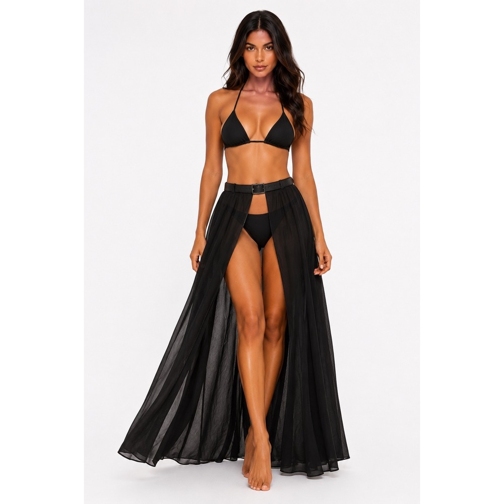 Kikiriki Black Sheer Beach Cover Up Maxi Sarong Belted Swim Cover S